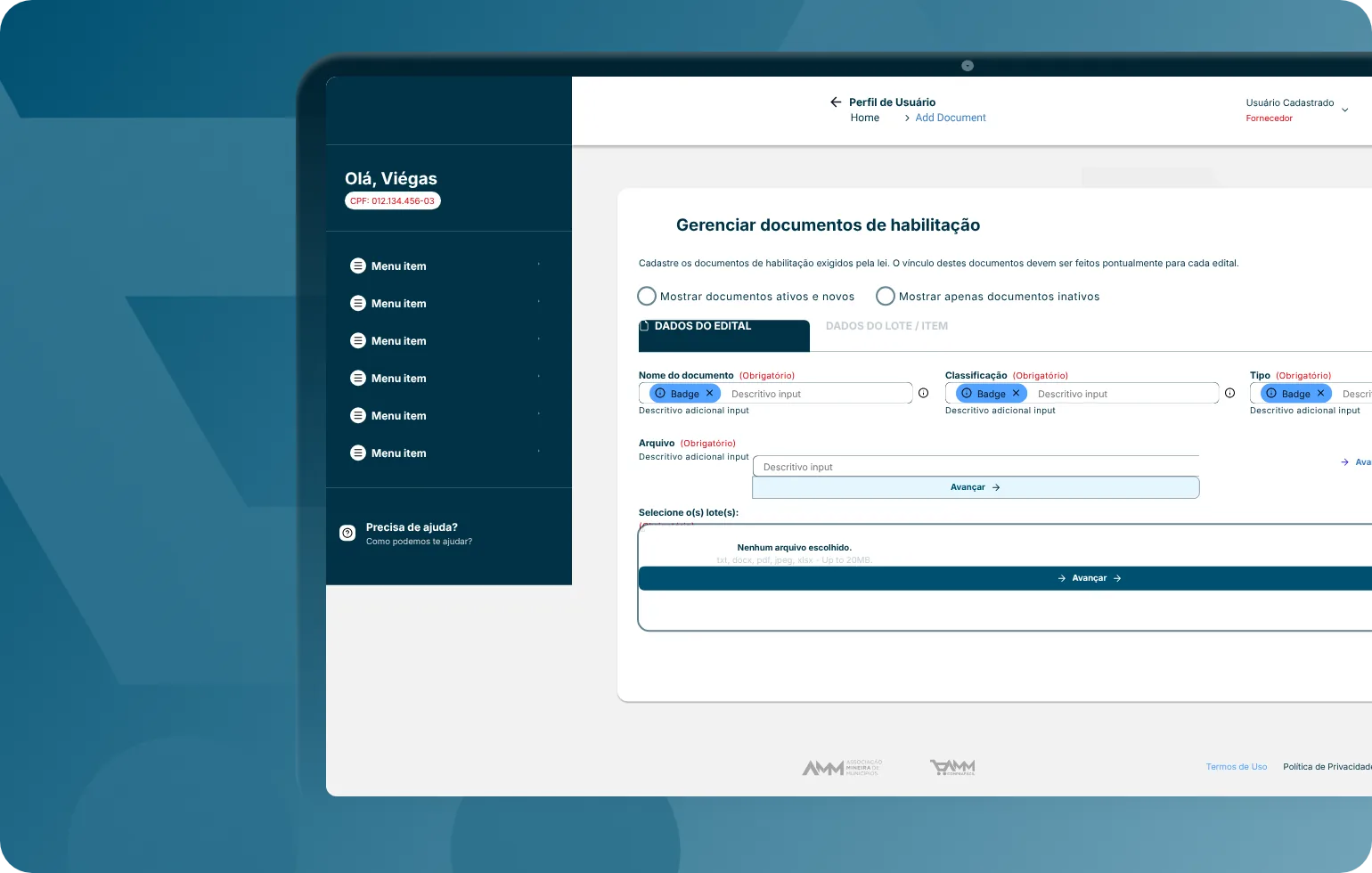 Tela do sistema AMM Compra Fácil exibindo o gerenciamento de documentos de habilitação